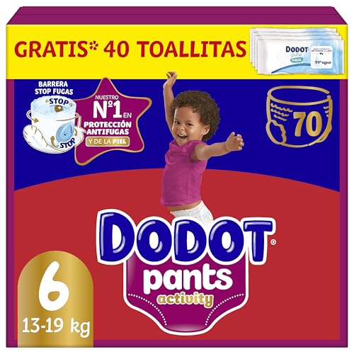 Dodot Pañal-Braguita Activity Pants, Talla 6 (14-19 kg), 70 Pañales + Regalo de 1 Pack de 40 Toallitas Con Ajuste 360 anti-fugas extra suave