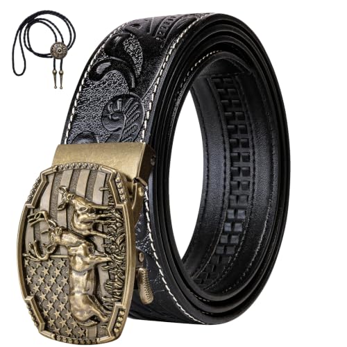 Image of Dubulle Mens Ratchet Belt Gold Click Buckle Adjustable Leather Belts | Automatic Belt Buckles, 1 3 /8 inch(3.5cm) Slide Strap, Ratcheting Smooth Sliding, Trim to Fit Design, Gift Box, for Dress Casual