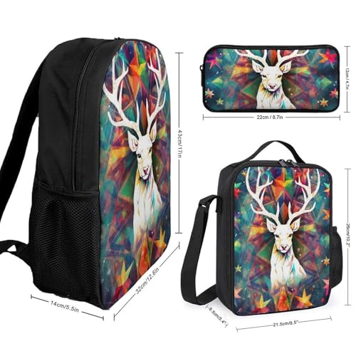3 Piece Backpack for Women Men Lightweight Causal Daypack Shoulder Bag Set with Insulated Lunch Bag And Pencil Case Organizers Colorful Triangles Reindeer And Snowflakes2