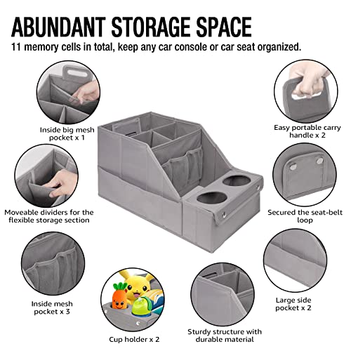 Image of MULISOFT Car Backseat Organizer with 11 Pockets & 2 Cup Holders, Pure Gray | Made from durable Oxford fabric with a waterproof surface, anti-slip buckles, and a foldable design for easy storage.