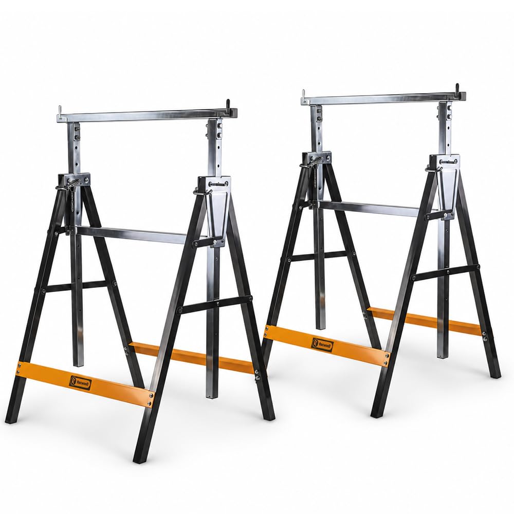 RocwooD Multipurpose Saw Horse 400KG Capacity DIY Sawhorse Woodwork Folding Foldable Adjustable Height Steel Frame Workbench Heavy Duty Carpentry A-Shape Frame