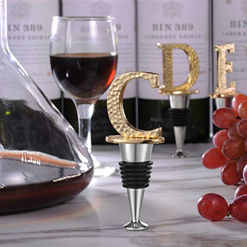 Miicol Initial Letter Wine Stopper, Monogram Hammered Metal, Perfect Wine Gift, Elegance Meets Utility, Wide Used in Kitchen Decor, Bar, Wedding Party, Gold Finish, Letter (A to Z) C