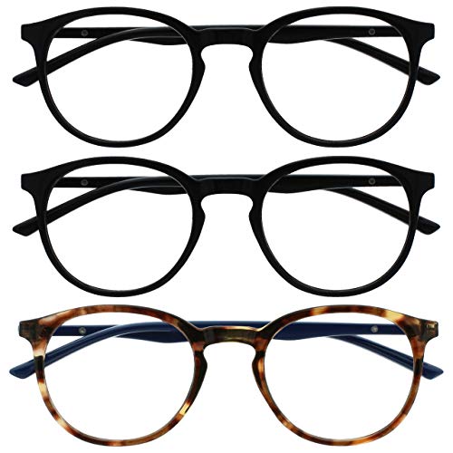 OPULIZE MET Blaulichtfilter Lesebrille für Damen Herren - 3er-Pack - Runder Brille - Blendfreie UV400-Schutz - Federscharniere - Anti-Müdigkeit - Schwarz Braun Schildpatt +2.00