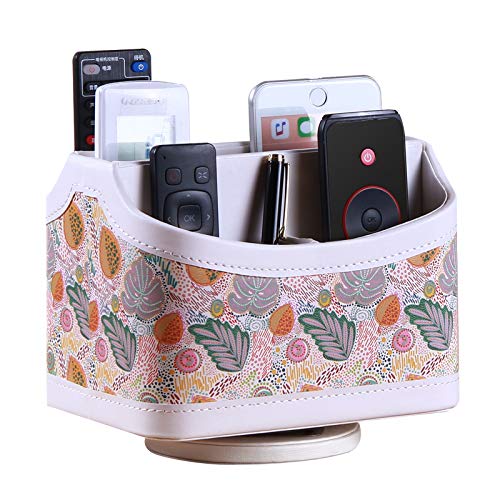 Leather Remote Control Holder for Table, 360 Degree Swivel TV Remote Caddy, Decorative Nightstand Organizer for Controllers, Mobile Phone, Glasses, Accessories Storage Box (Colorful Leaves Pattern)