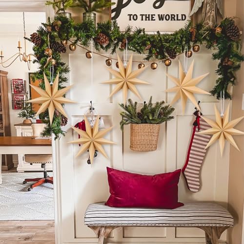 Image of 12 Inches 5 PCS Natural Paper Star Lanterns Christmas Hanging Lamp Rustic Paper Decorations Shade Wedding Birthday Christmas Home Party Decorations (9 Pointed)