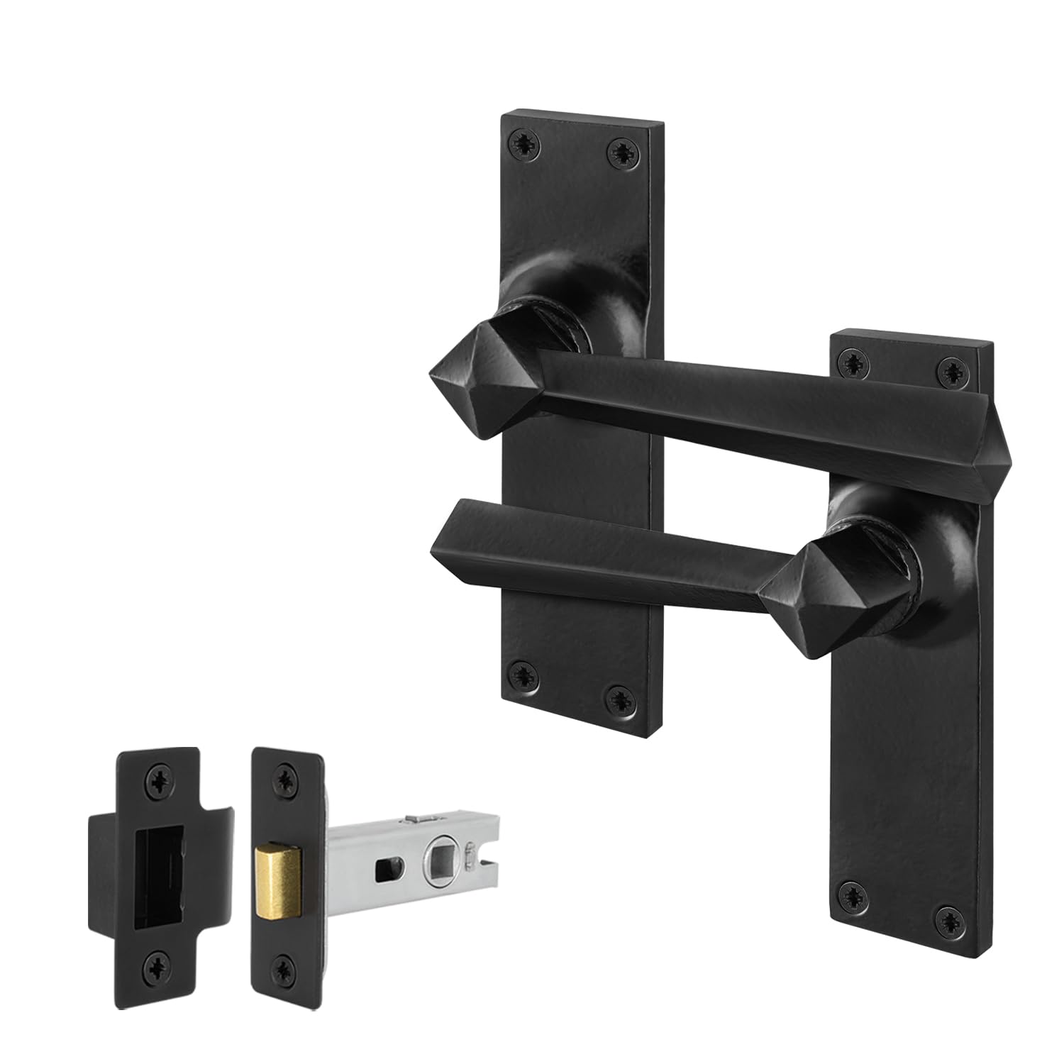 Eai Black Antique Door Handles Latch, 1 Pair Of Rustic Cast Iron Backplate Internal Handles And Latch 64Mm, Tudor Range