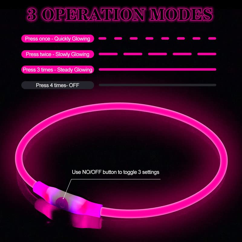 Sofore Collare Luminoso per Cani,Luz de Collare Luminoso Per LED Para la Oscuridad,USB Recargable 3 Modos de Flash Collare Luminoso per Cani Ricaricabile Tamaño Ajustable,Adecuado para Perros,Rosa