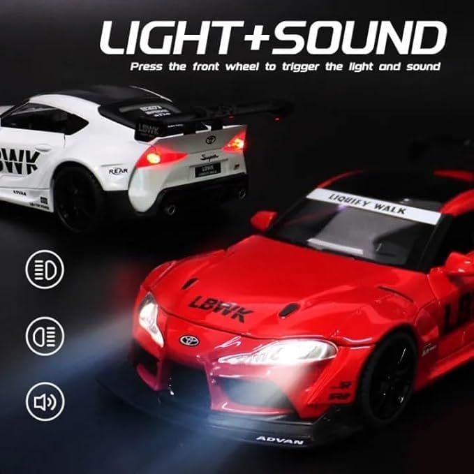 Image of 1 /22 Scale Big Toyota Supra GR LBWK Model Diecast Metal Pullback Toy car with Openable Doors & Light, Music Boys car for Kids Best Toys Gifts Toys for Kids-Black (White)