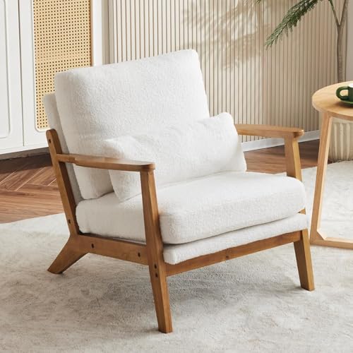 Image of Mid-Century Accent Relax Chair - Wide Armrest Lounge Chair with Linen Fabric with Lumbar Pillow (White, 28.3 x 31.5 x 29.5 INCH)