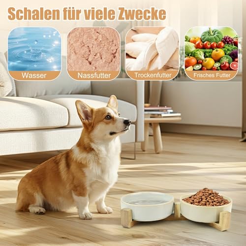 Keramik-Hundenapf-Set mit Standfüßen, Hundenapf Keramik Erhöht mit rutschfest Ständer, Langsamfressnapf Süße Pfoten-Design für Kleine und Mittelgroße Hunde, 2er Set Fressnapf Hund und Wassernapf