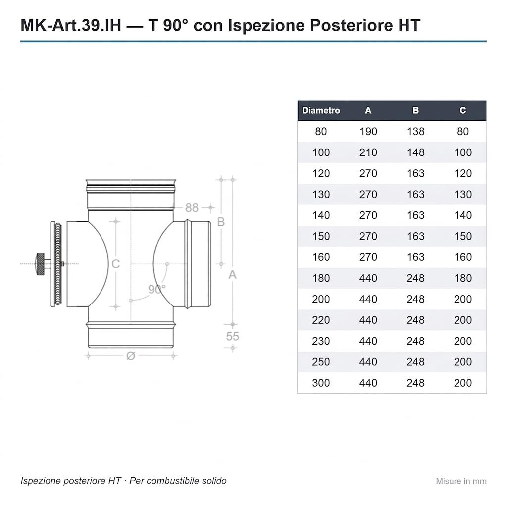 MAKA Raccordo a T 90° con Ispezione Posteriore HT Alte Temperature per Canna Fumaria in Acciaio Inox, per Stufe a Legna e Pellet, Combustibile Solido (Ø 220 mm, AISI 316)