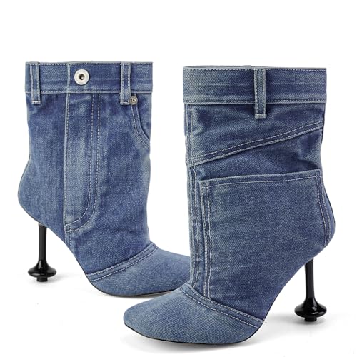 Fuazuzu Vintage Denim Stiletto High Heeled Cowboy Pockets Boots for Women, Mid Wide Calf Round Toe with Metal Button for Fashion Dress Booties,Blue 9 by Fuazuzu - Used condition - Image 4