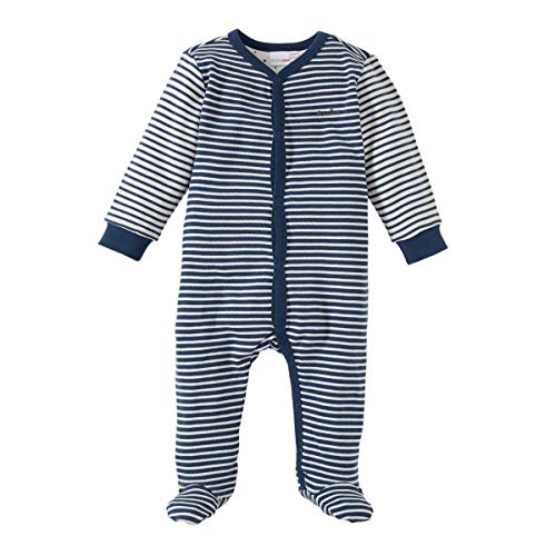 Bornino Basics Schlafoverall blau - Baby-Pyjama Geringelt - mit Patches an Ellenbogen & Paspelierung an Druckknopfleiste - Größe 86