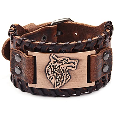 Thajaling Vikinga Marrón con Lobo Fenrir - Pulsera Nórdica Vintage Talismán Gótica para Disfraz Celta Pagano Cosplay, Adjustable de 18 a 22.5 cm, Cuero