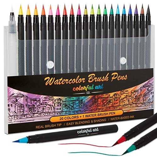 Colorful Art Co. feutres pinceaux, 20 Couleurs éclatantes, feutres Couleurs Pointe Fine et Stylo Pinceau pour mélanger avec de l'eau, idéal pour la Peinture, l'écriture, comme Feutre de Calligraphie