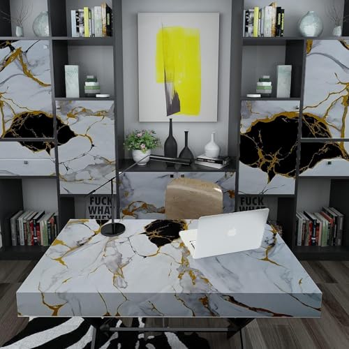 Image of Self Adhesive Marble Wallpaper Kitchen Oil Proof & Waterproof Wallpaper for Cabinet Makeover, Almirah, Plastic & Tabletop, Wardrobe (60x200cm) (New White Black Gold)