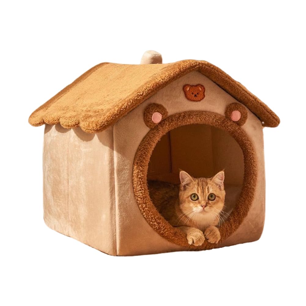 Cat Bed for Indoor Cats,Cozy Cat Cave Bed Cat House Cat Tent with Removable Cushion Pillow,Soft Warm Pet House Puppy Bed,Cute Bear Pet Nest for Cat Kitten Small Dogs (Brown, L-20.5x16.9x19.7 Inches)