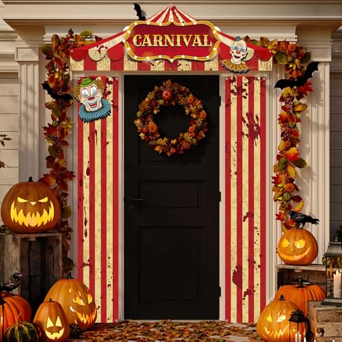 Tiamon Halloween Carnival Circus Door Decorations Scary Circus Tent Porch Banner Creepy Red White Striped Door Banners for Halloween Eve Carnival Festival Party Decor Supplies