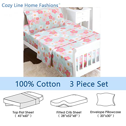 Image of Cozy Line Home Fashions 100 Cotton 3 Piece Toddler Sheet Set, Soft Breathable Crib Bedding Set for Girls Includes a Flat Sheet, a Fitted Sheet, a Pillowcase, Flower Rosa Flourish Butterfly Pink