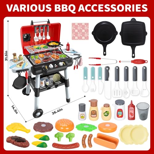 Kids Play Kitchen Toys, Kids BBQ Grill Playset with Smoke Sound Light, 2-Layer Barbecue Toy with Wheel, Outdoor Play Grill Toys for Toddlers 3-5, Play Food Toys Cooking Set, Birthday Gift for Boy Girl