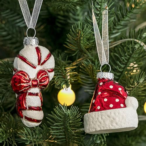 Amanman Glass Christmas Ornaments 2023, 2Pack Christmas Hat and Candy Cane Christmas Decorations, Mouth-Blown and Hand-Painted Christmas Ornaments Set