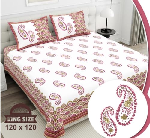 Image of YOKSH Handlooms - Premium Jaipuri 100% Cotton 240 TC|SuperKing Jumbo Size 120x120 INCH,10 FEET|Flat BEDSHEET|2 Pillow Covers|AZO-Free Colors (Pink Maroon Shades 120118)
