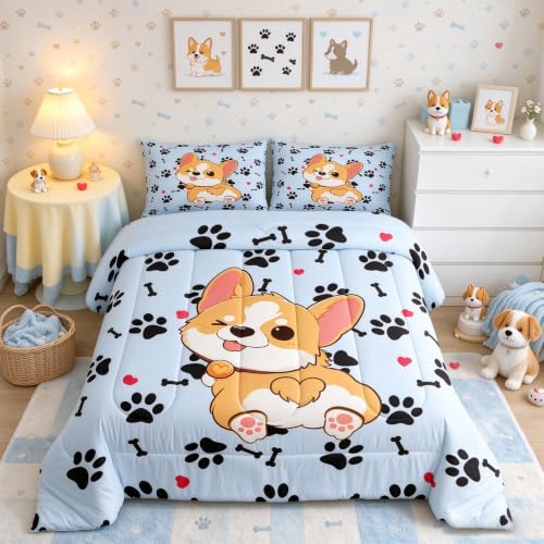Castle Fairy Ensemble Couette Mignon Corgi Taille Complète, Bleu