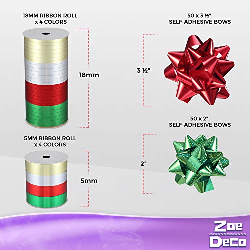 Zoe Deco Star Bows in Boxed Set (Assorted Colors & Sizes, 100 pc), 2 Rolls of Ribbon, Self-Adhesive Gift Wrapping Bows, Small & Medium Christmas Bows