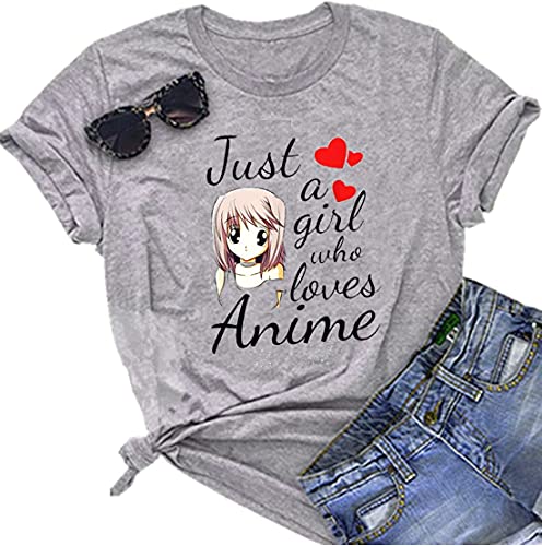 Women Anime Shirts Japanese Manga Gift Shirt Just A Girl Who Loves Anime Letter Printed Tank Tops Anamae Tee Light Grey