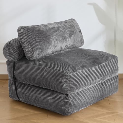 SHOUREN Folding Sofa Bed,Convertible Sleeper Chair Bed with Pillow,Foldable Futon Couch Mattress with Back Support,Portable Lazy Floor Sofa Lounger, Dark Grey, Single