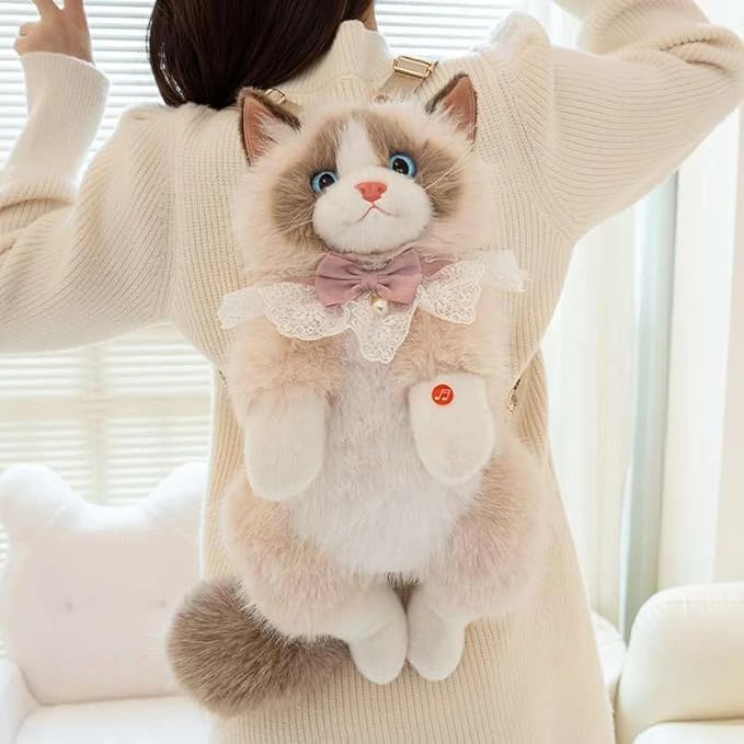 Image of Cute and Soft Stuffed Animal Backpack with Adjustable Straps White Cat Bag | Ragdoll Cat Plush Backpack - Fluffy Realistic Stuffed Animal Shoulder Bag with Elegant |(golden)