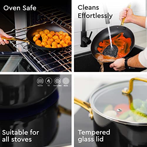 Black And Gold Pots And Pans Set Nonstick - 15 Piece Luxe Black Pots And Pans Set - Induction Compatible, 100% Pfoa Free Black And Gold Cookware Set & Gold Kitchen Utensils - Gold Kitchen Accessories #TOP6