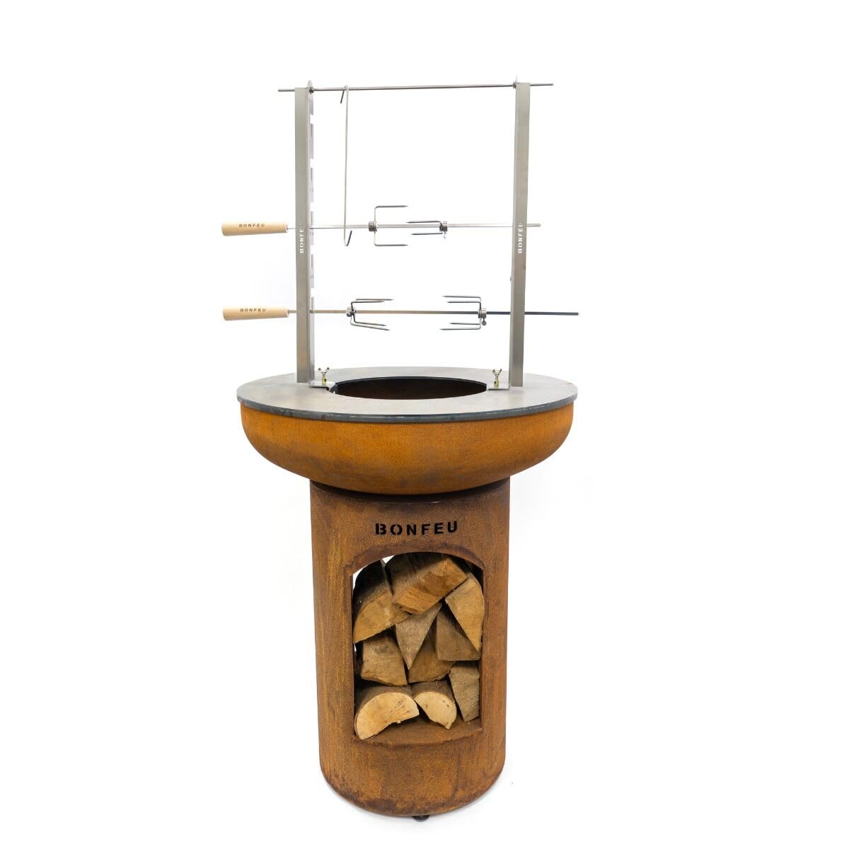 BonFeu Set de Rôtisserie en Acier Inoxydable - Kit Tournebroche pour Brasero BonBiza et Planchas Ø 60/80/100 cm - Inclus 2 Broches, Pinces et Crochet en S - Idéal pour Grillades au Feu de Bois