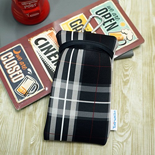 Image of Neoprene Neck Cell Phone Sleeve Bag Pouch w /Clip (Tartan Black Dark Gray)