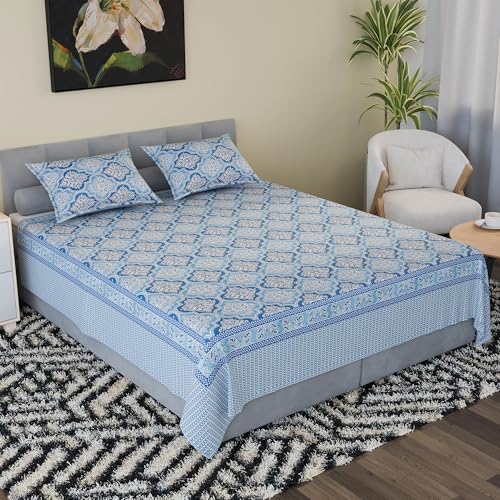 Image of Kuber Industries Cotton 160 TC Double Bedsheet With 2 Pillow Covers | Machine Washable Soft Bedsheet For Living Room, Home & Hotels | Flower Heritage Print - Blue