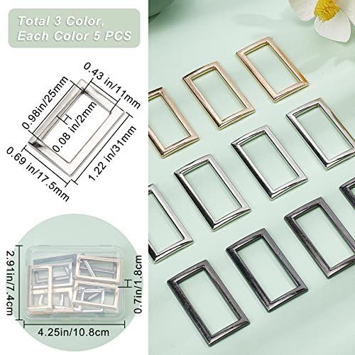 Image of GORGECRAFT 1 Box 3 Colors 15PCS Metal Flat Rectangle Rings Buckle 1 inch(25mm) Square Strap Webbing Belt Rings Rectangular Metal Loops Strap for Bag Belt Strap Heavy Duty, Gun Black Gold Silver