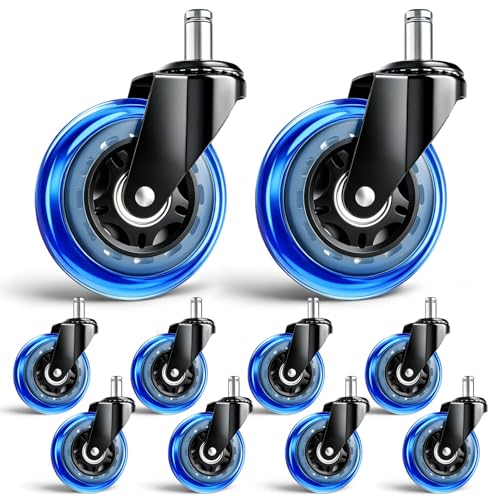 Image of 3 Inch Office Chair Wheels, Set of 10 (Blue) | Heavy Duty Replacement Casters for Hardwood Floor & Carpet, Smooth Quiet Roll, Universal 11mm Stem, Non-Marking PU Wheels
