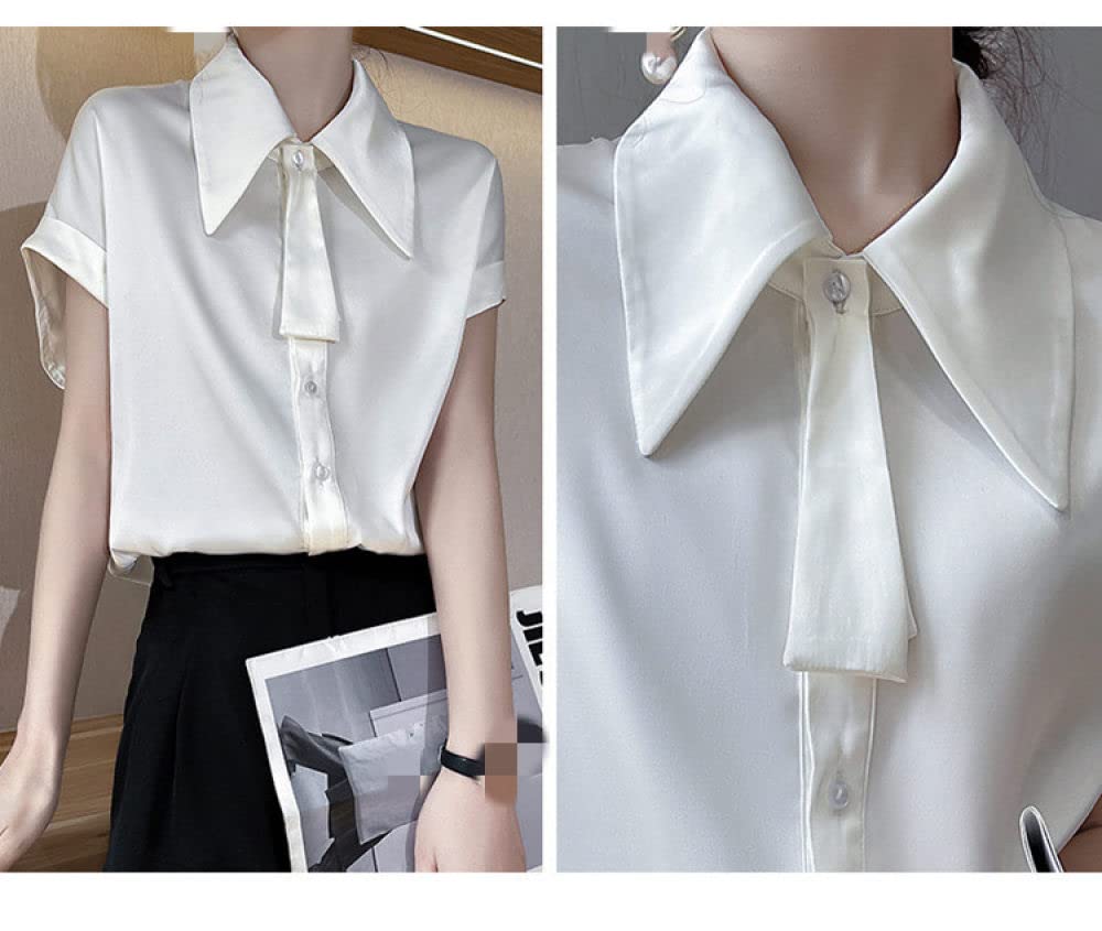 Camicia Donna,Camicette Estive Da Donna Casual In Raso Di Seta Bianco Tinta Unita Colletto A Punta Papillon Camicia Alla Moda Top Arrotolato Manica Corta Abbottonatura Magliette Larghe Per Vacanze I