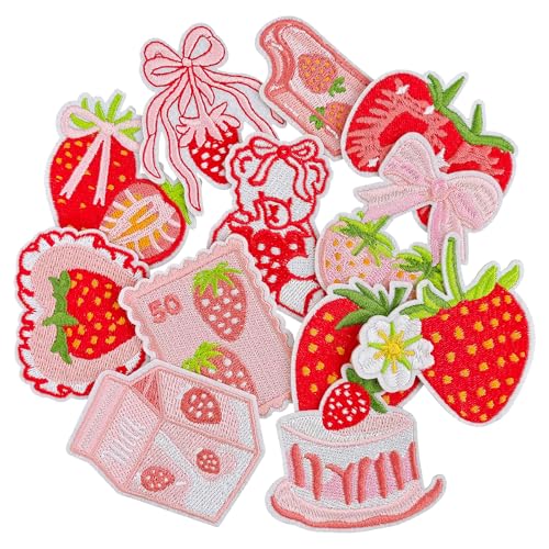 EMORBALS 12 Pcs Strawberry Iron on Patches Embroidered Girls Iron on/Sew on Patches for Clothes Trucker Hats Jacket T-Shirt