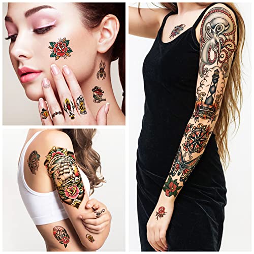 55 Sheets Classic Full Arm Temporary Tattoos Old School Tattoos Stickers, Sailor Jerry Style Fake Tattoo Sleeve, American Traditional Flower Half Arm Temporary Tattoos For Women Men Adults Kids #TOP5