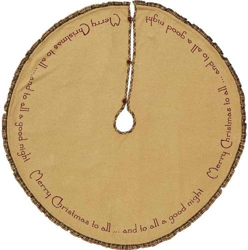 Natural Burlap Santa Tree Skirt with Red and Green Plaid Ruffle with printed "Merry Christmas" Festive Edges - 48 Diameter Inches - Holiday Decoration for Home or for Gift Giving
