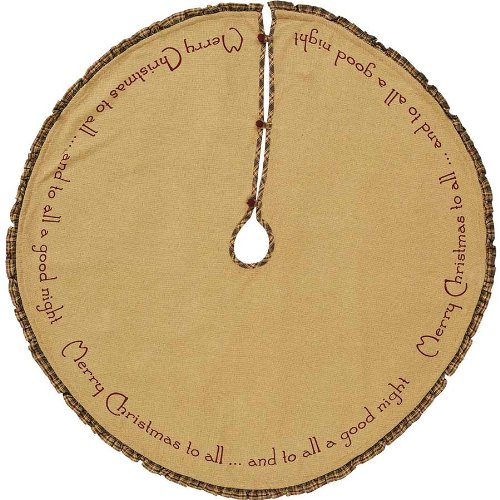 Natural Burlap Santa Tree Skirt with Red and Green Plaid Ruffle with printed "Merry Christmas" Festive Edges - 48 Diameter Inches - Holiday Decoration for Home or for Gift Giving