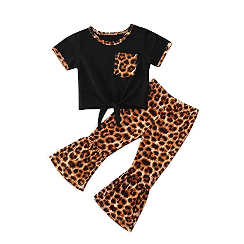 Toddler Baby Girl Summer Clothes Set Short Sleeve Top T-Shirt+Bell Bottoms Flare Pants Set (Leopard-Black, 3T / 4T)