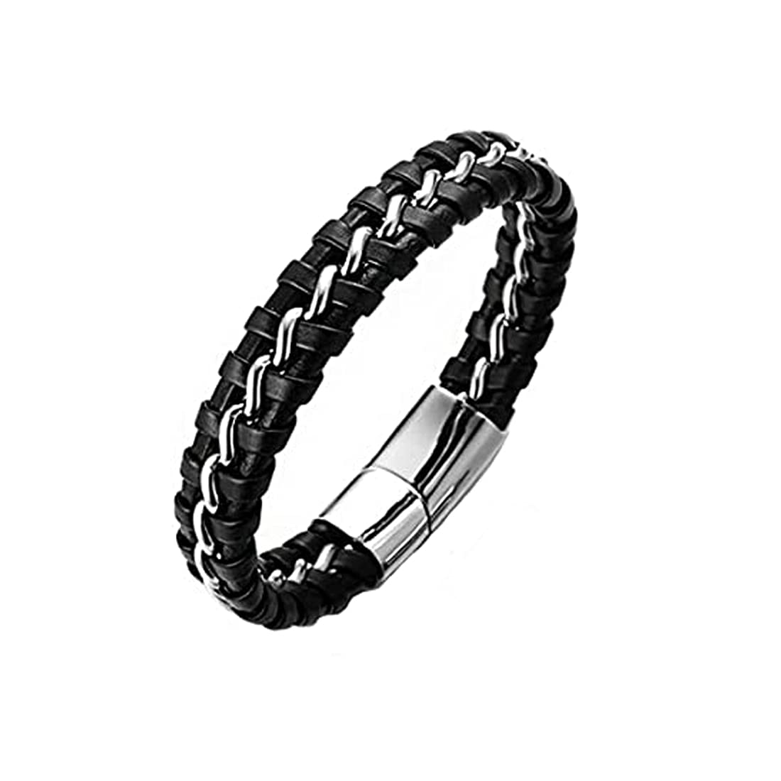 Yellow Chimes Braided Stainless Steel Genuine Leather Silver Black Magnetic-Clasp Wrist Band Bracelet for Men and Boys., 2.8 (YCFJBR-284STLTHR-SL)