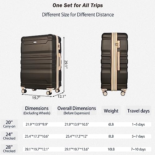FridayParts Luggage Sets New Model Expandable ABS Hardshell 3pcs Clearance Luggage Hardside Lightweight Durable Suitcase sets Spinner Wheels Suitcase with TSA Lock 20"24"28" (brown)3