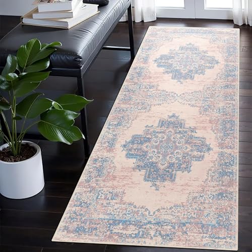 vivorug Runner Rug 2'x7' Machine Washable Non-Slip Runners for Hallways Kitchen Entryway Laundry Room Vintage-Inspired Carpet Hallway Runner Pink