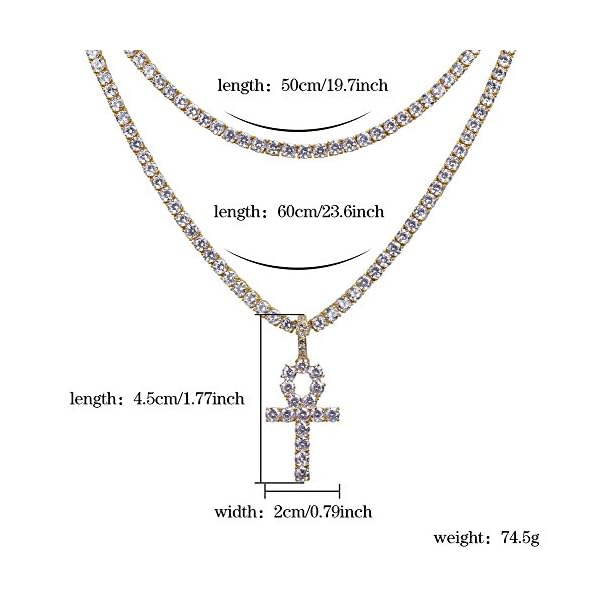 JINAO 18K Gold Plated Iced Out Cubic Zirconia Classic Ankh Nail Mini Cross Egyptian Pendant Necklace Hip Hop Jewelry for Men Women with Stainless Rope Chain - Image 4