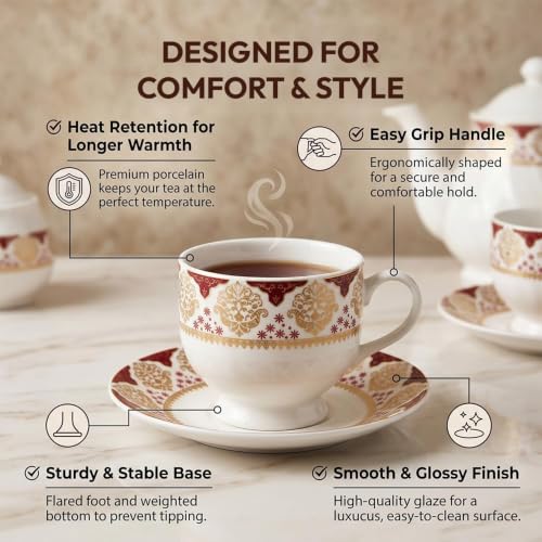 Image of U.P.C Ceramic Tea Set with Kettle, Tea Cups & Saucers, Premium Tea Pot Set for Tea & Coffee, Elegant Tea Serving Set for Home, Office, Parties & Housewarming Gift- (TS011)