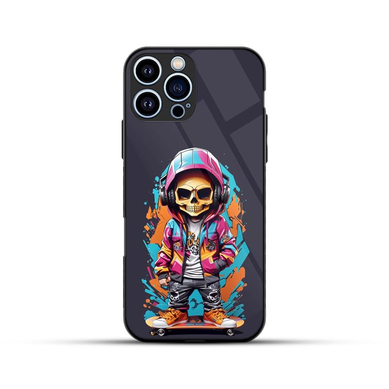 Back Cover for Apple iPhone 16 Pro | (D10) Skull Printed Glass Back Case with Rubber Edge | Shockproof Full Body Protective Designer Mobile Cover