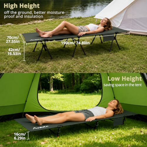 Image of Anbte Height Adjustable Camping Cot with Storage Net, Support 400lbs, Green | Comfortable Portable Cots for Adult, for Camping Hiking Travel Truck Beach Office Nap, With Storage Bag